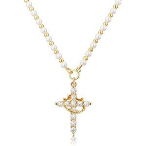 Women E Pearl Necklace, Gold 14K Gold Plated Crown Cross Necklace - Non-Tarnish